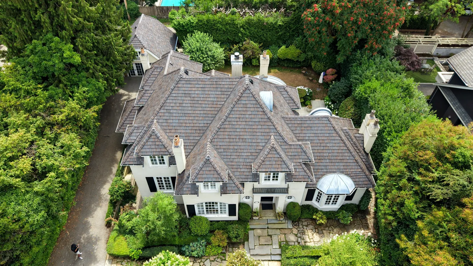 Aerial view — Brava composite cedar shake roof on luxury estate, Vancouver West Side