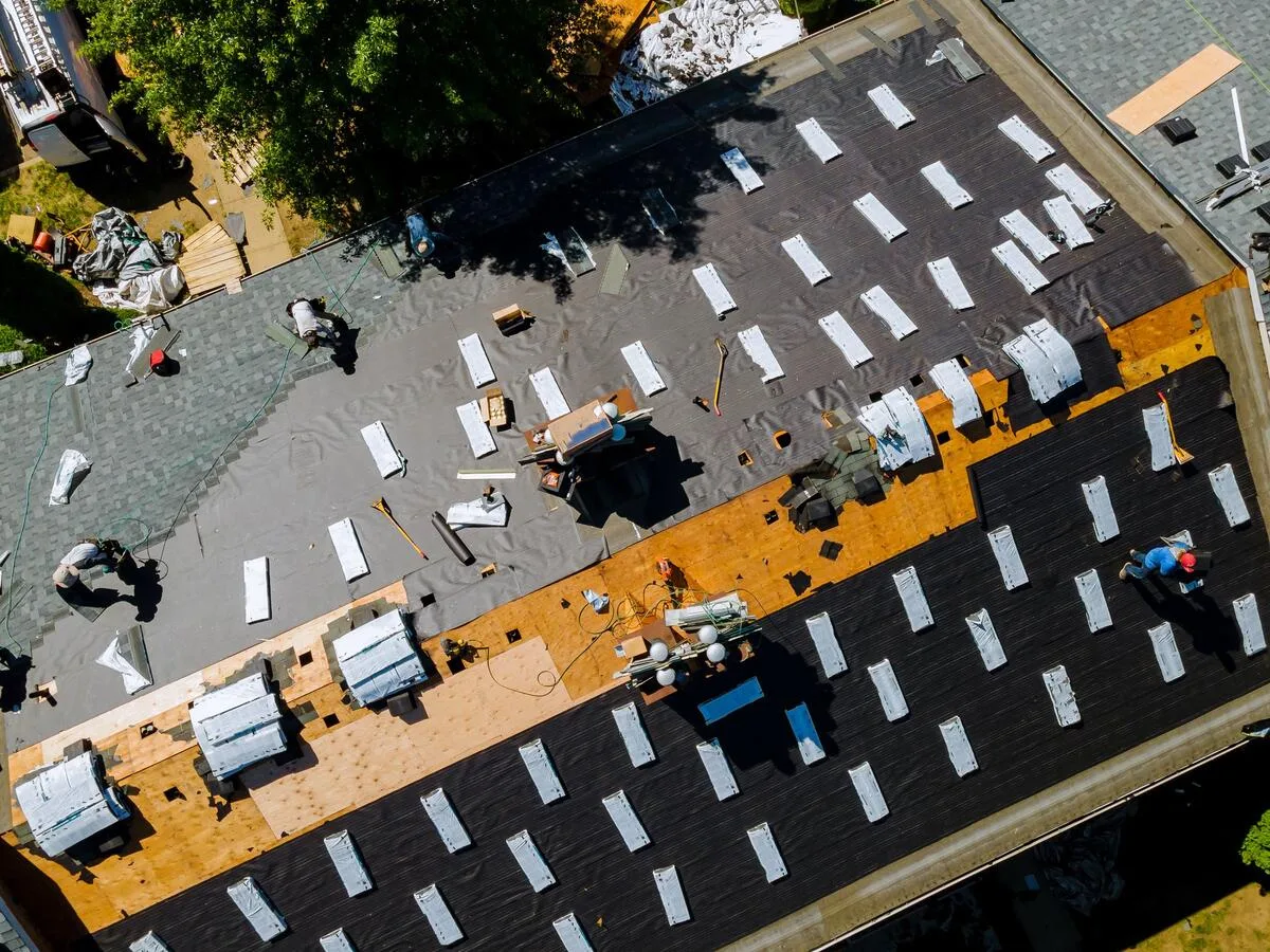Commercial roofing installation &mdash; aerial view